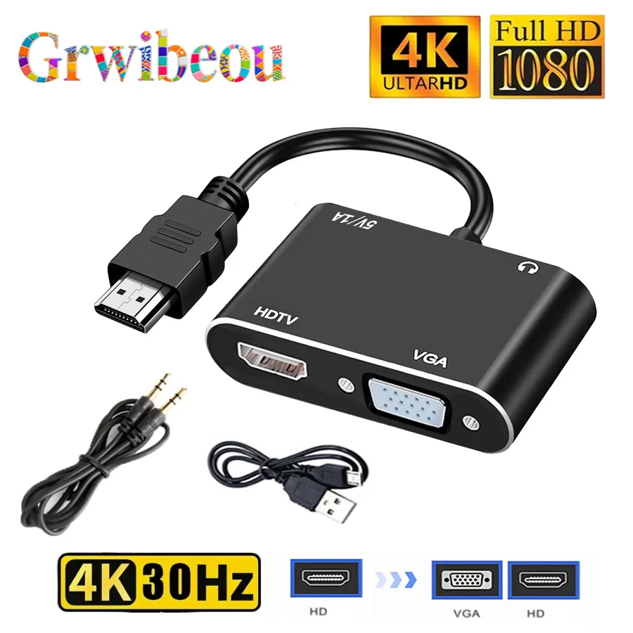 Adaptador Conversor 2 em 1 HDTV VGA+HDTV 4K@30HZ Adequado para Computadores de Mesa, Laptops, Monitores, Projetores HDTV Plug and Play