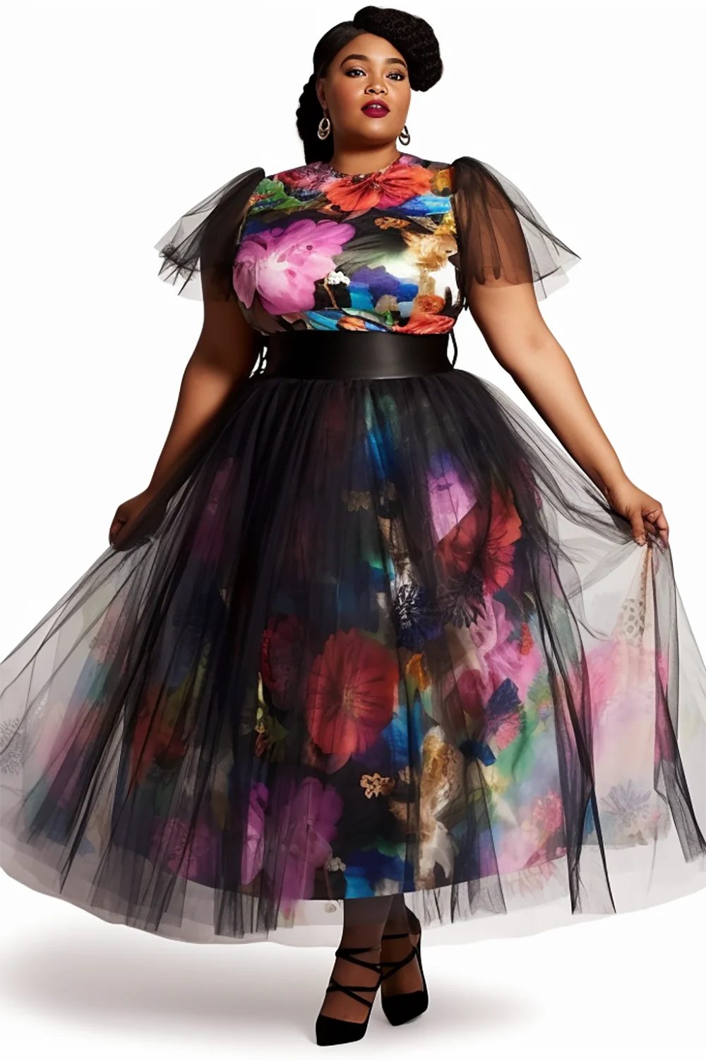 

Plus Size Semi Formal Elegant Black Floral Spring Summer Round Neck Short Sleeve Contrast Mesh Two Piece Dress Set