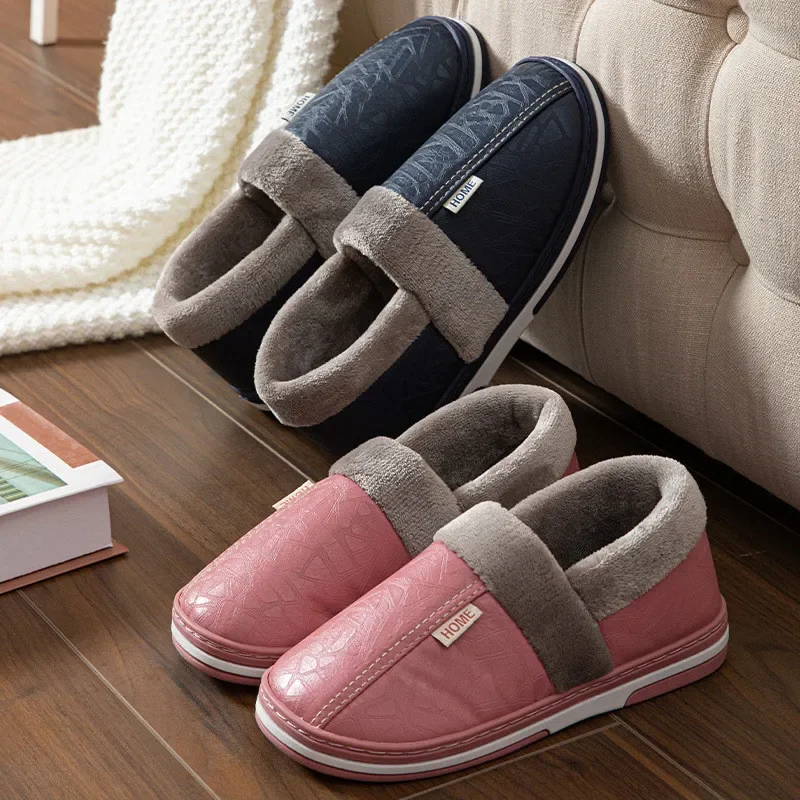 New Big Size 50 51 Men Slippers Winter PU Leather Warm Indoor Waterproof Home Furry Couples Flats Non Slip Slides Bedroom Shoes