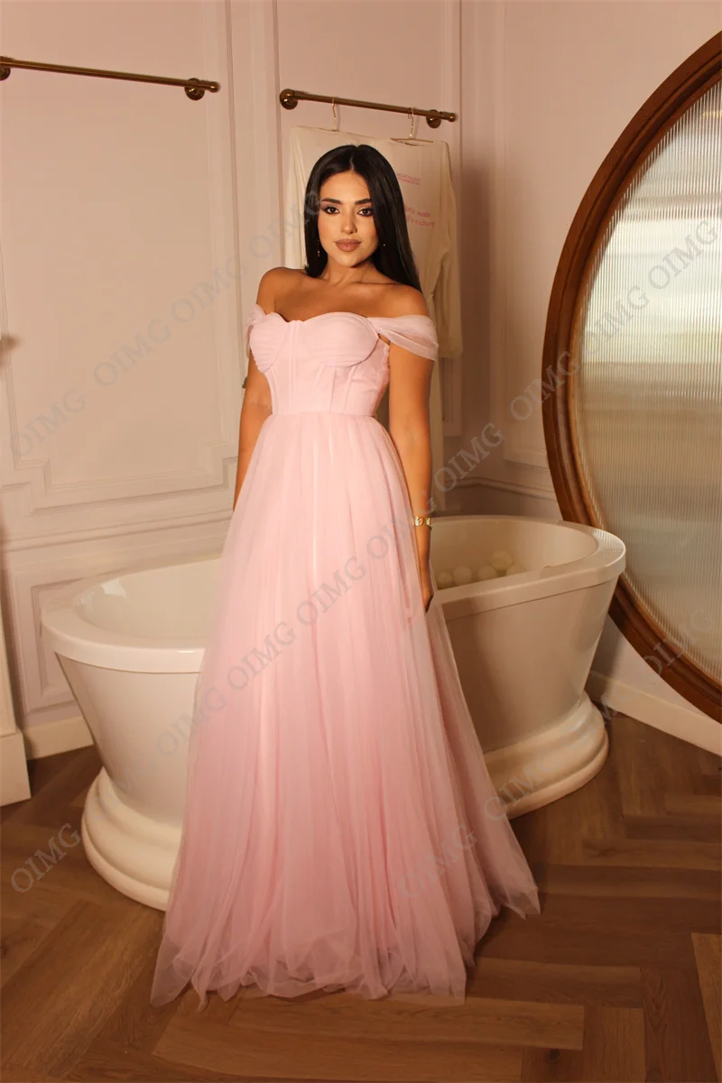 OIMG-Vestido largo de tul plisado con hombros descubiertos para mujer, traje Formal de fiesta de graduación, línea A, color rosa rubor, 2024