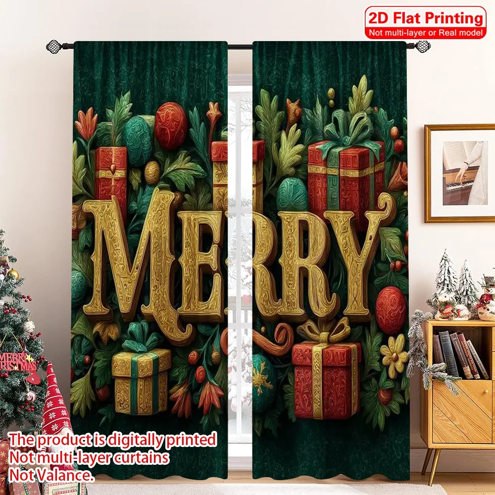 

2pcs 2D flat printing Merry Christmas Popular Window Curtains Merry Versatile Fabric Without Electricity Family Party Perfect