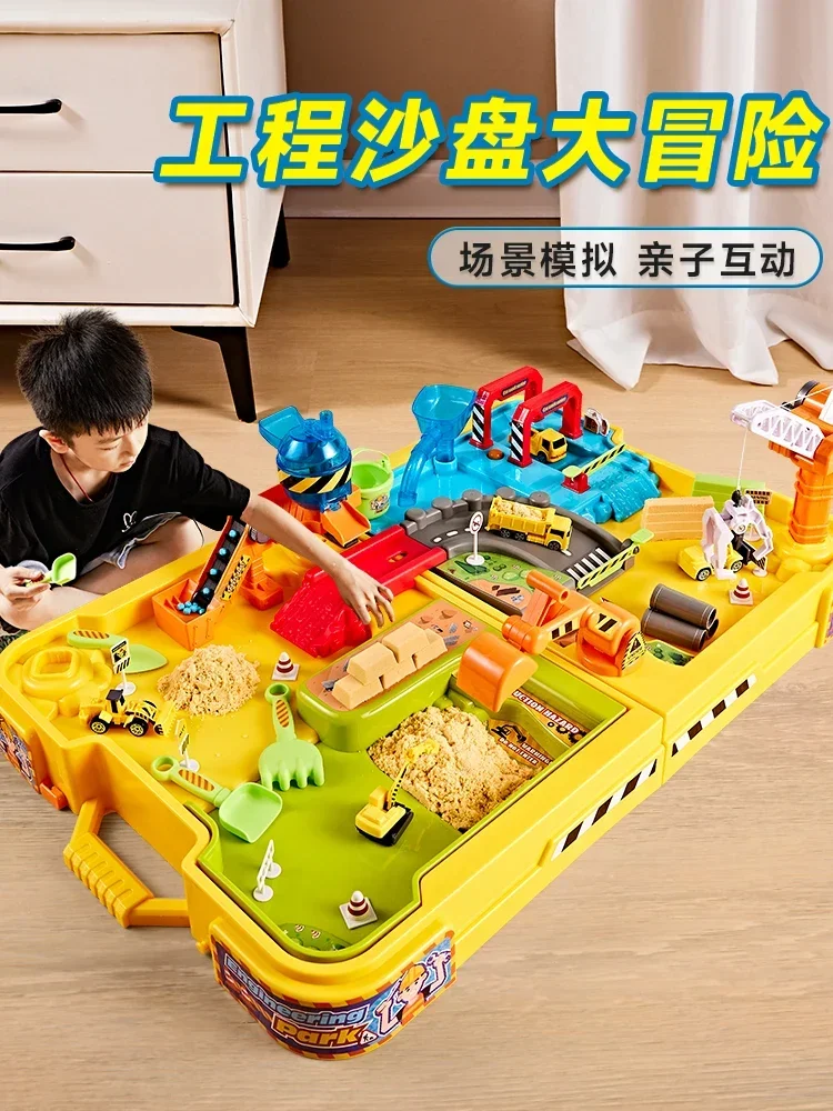 Crianças liga engenharia construção brinquedo conjunto multifuncional areia água jogar mesa sandbox com veículos para meninos presente