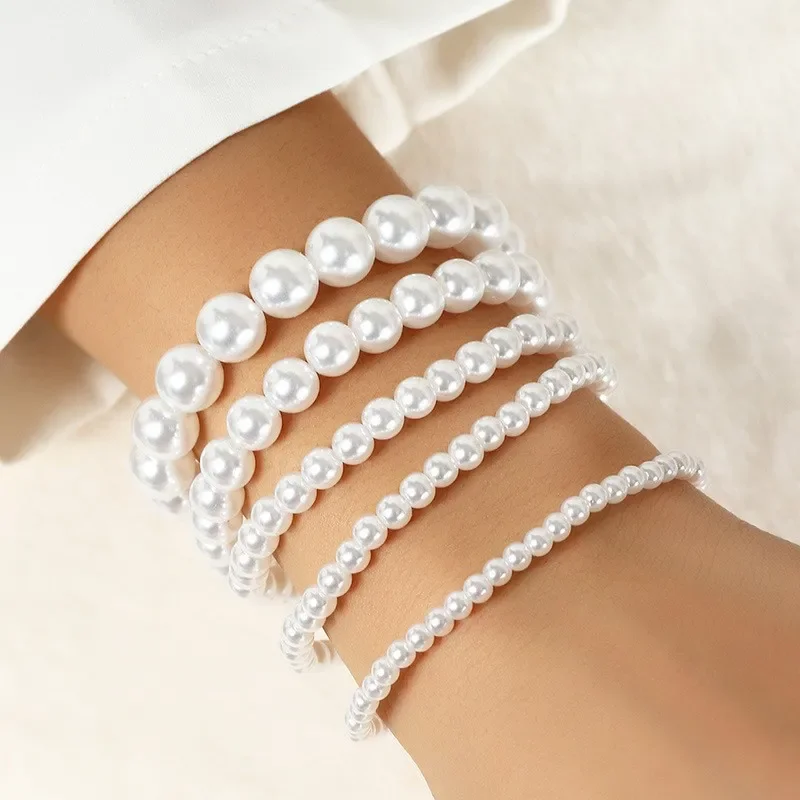 4-10mm Imitation Pearl Beads Free Adjust 18cm Girth Elastic Bracelet for Women Various Sizes or Chain Customizable Wedding Gift