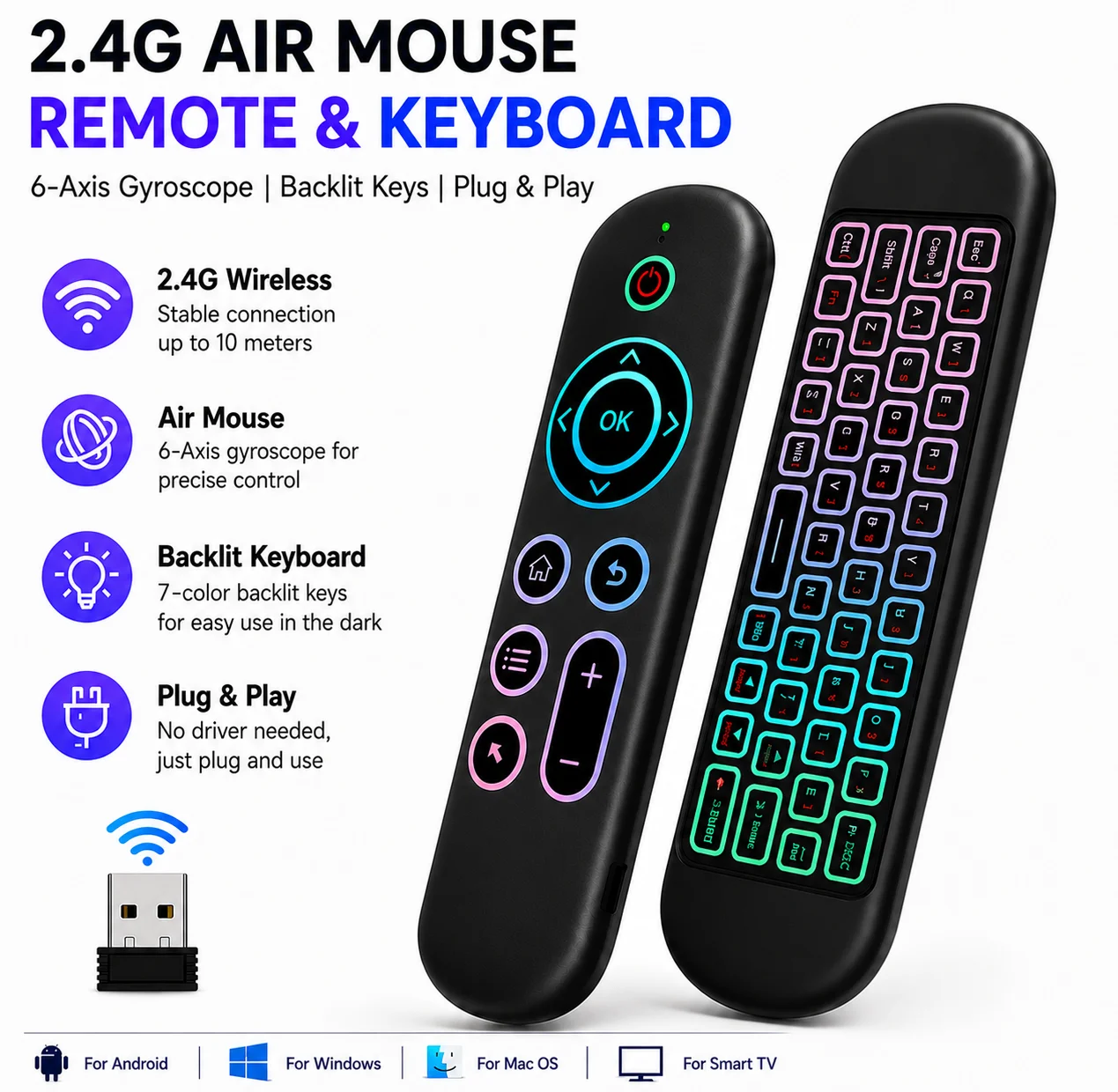 7 Color Backlit Remote Control Air Mouse Voice Gyroscope Mini Keyboard Dual Mode 2.4G BT5.2 Wireless For Android Smart TV Box PC