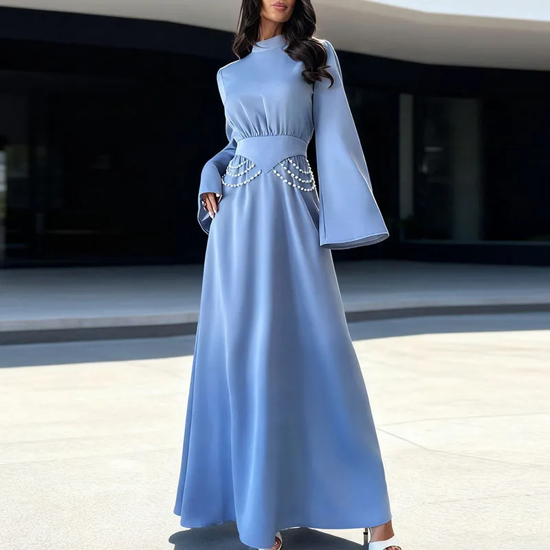 

Casual O-Neck High Waist Blue Women's Dress 2026 Office Elegant Pleated Robe Dress Pearl Chain Design Long Sleeve Spring Dress