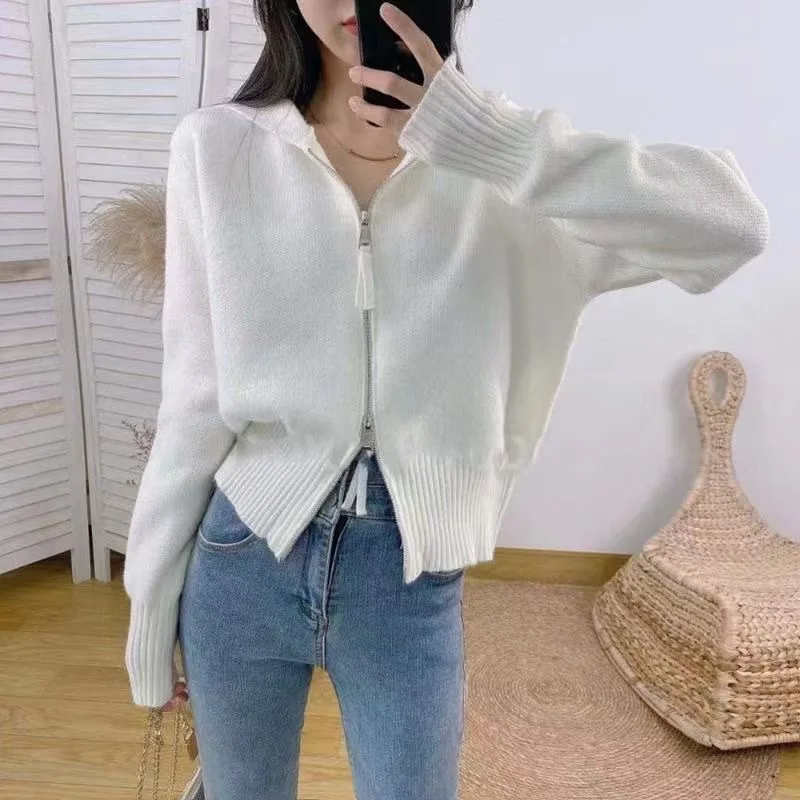 Autumn And Winter New Style Casual Fashion Double Zipper Hooded Knitted Sweater Cardigan Long-sleeved Solid Color Blouse Women