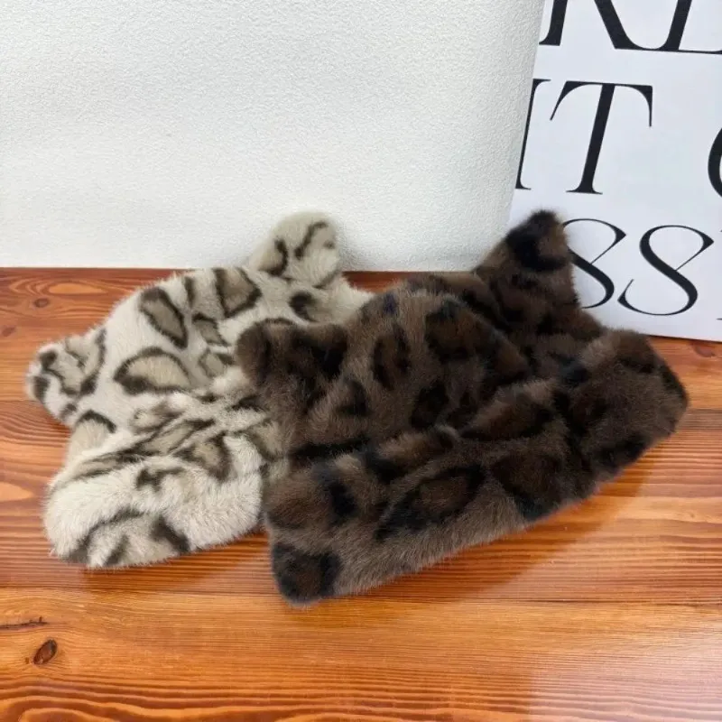 الشتاء يندبروف الدافئة سميكة بيني الرجعية ومتعددة الاستخدامات ليوبارد طباعة فو الفراء فو الثعلب الفراء قبعة الحلو ولطيف صياد قبعة #2