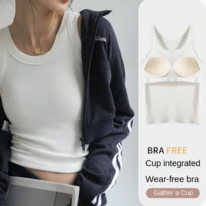 Women's tank top with round neck ribs, single -piece vest with chest pillow, monochrome jersey, basic elastic tank top, y2k, new, summer 2024 12 Main Sales Canelado Regatta - №8