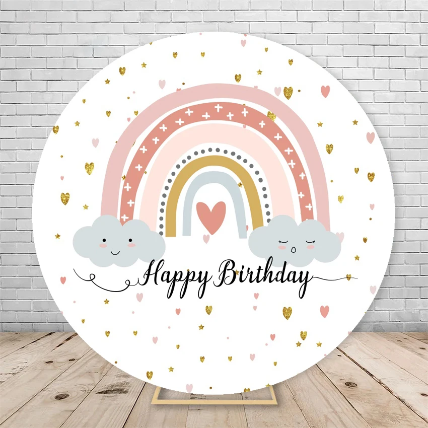 Boho Rainbow Baby Shower Round Backdrop Cover Blue Sky Clouds Boy Girl 1st Birthday Party Circle Photography Background Props