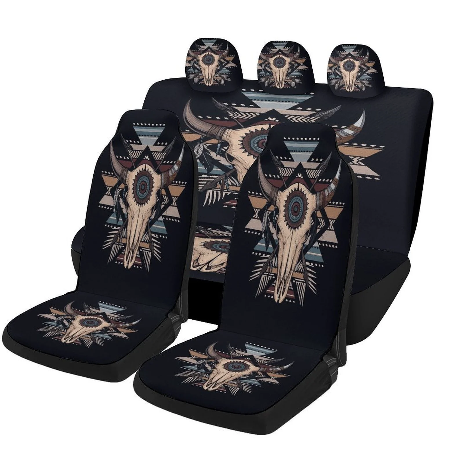 Bull Skull Tribal Design Designed Car Seat Cover Set For Most Cars, Trendy Novelty High-quality Car Seat Protector Covers Full S
