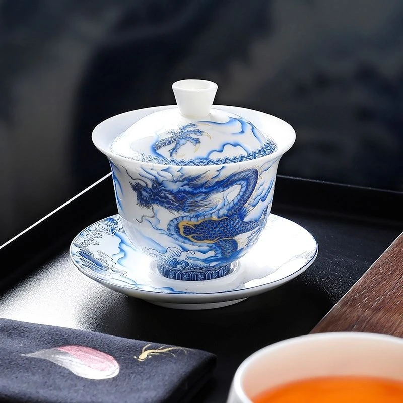 White Porcelain Gaiwan Blanc de Chine Dragon Relief Kung Fu Tea Set Ceramic Tea Bowl Gongfu Tea Ceremony Tableware Home Decor