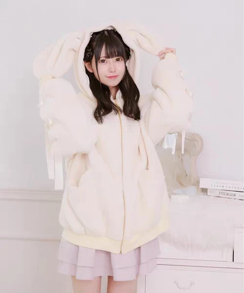 2025 Winter New Japanese Style Soft Girl Cute Bunny Ear Plush Coat Thickened Warm Eco-Friendly Faux Fur Cotton Jacket