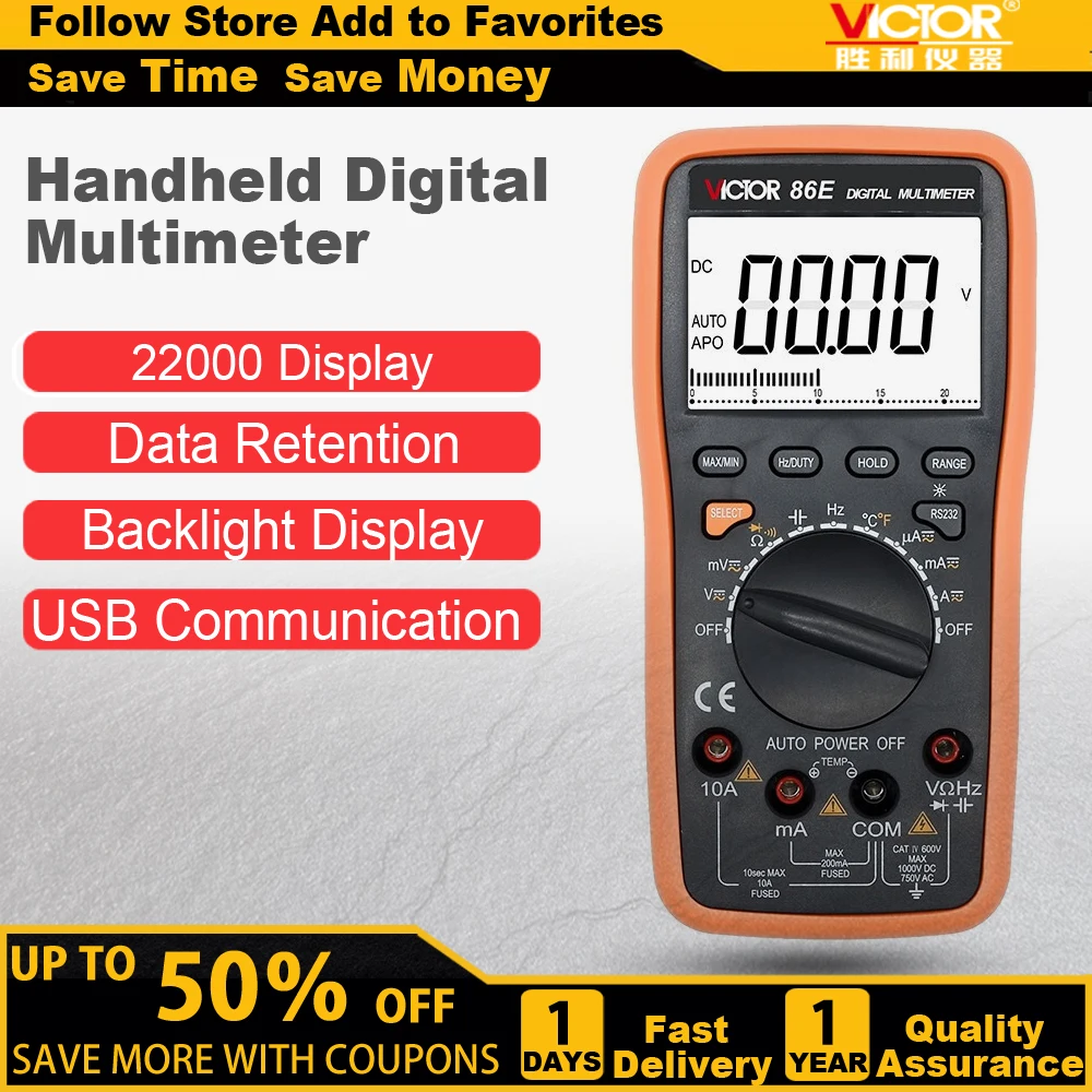 

VICTOR 86E Auto Range Digital Multimeter 22000 counts 4 1/2 digital Large LCD Display instrument with USB interface Capacitance