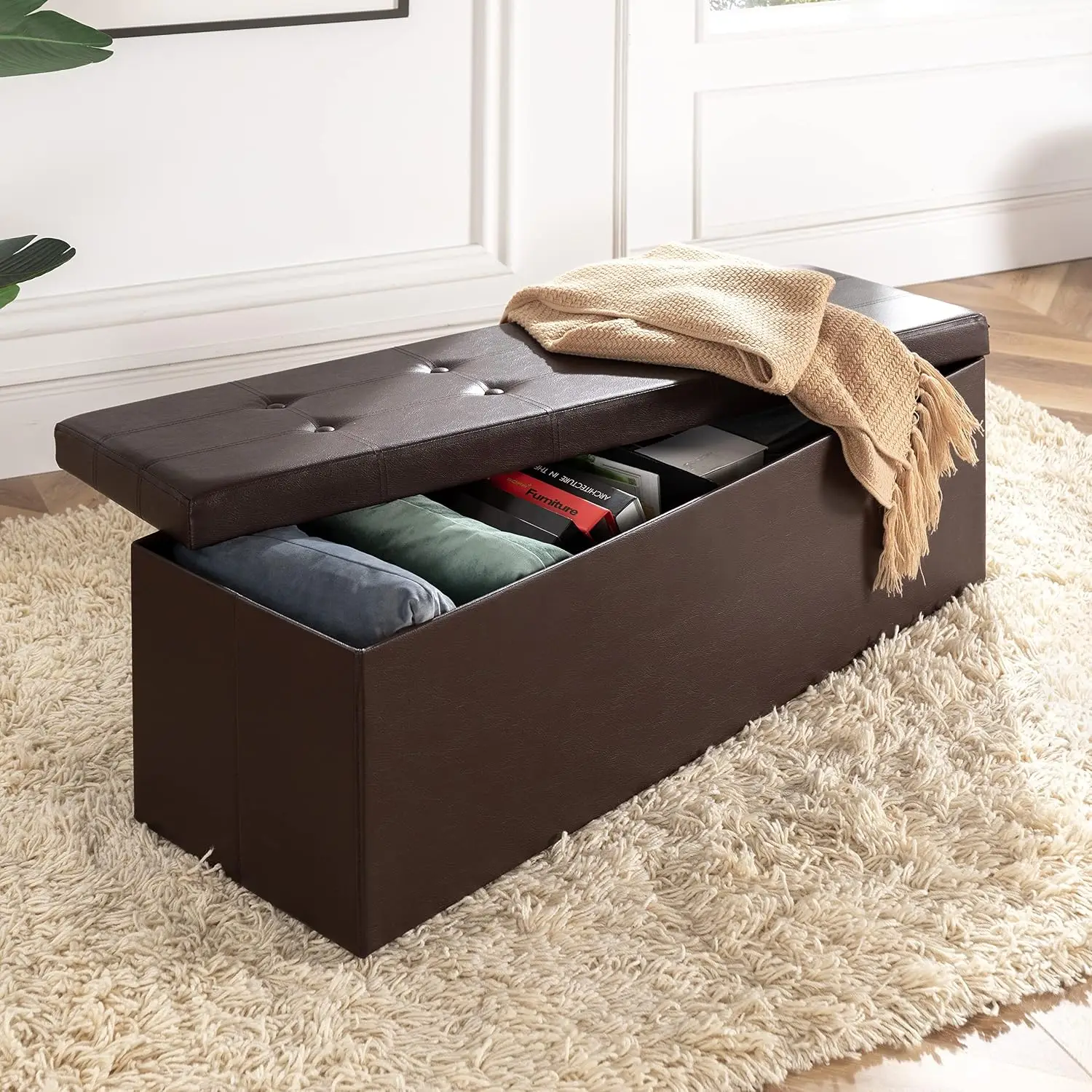 Tufted Faux Leather Folding Storage Ottoman Bench With Memory Foam Seat, Foot Rest Stool, 45 Inch, Customized