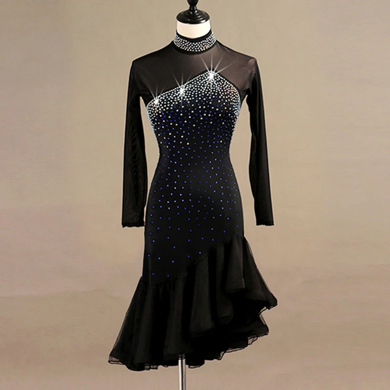 Personalización de vestido de competición de baile latino con diamantes, ropa de baile de péndulo de gasa para adultos, Ropa de baile de Samba Lombard