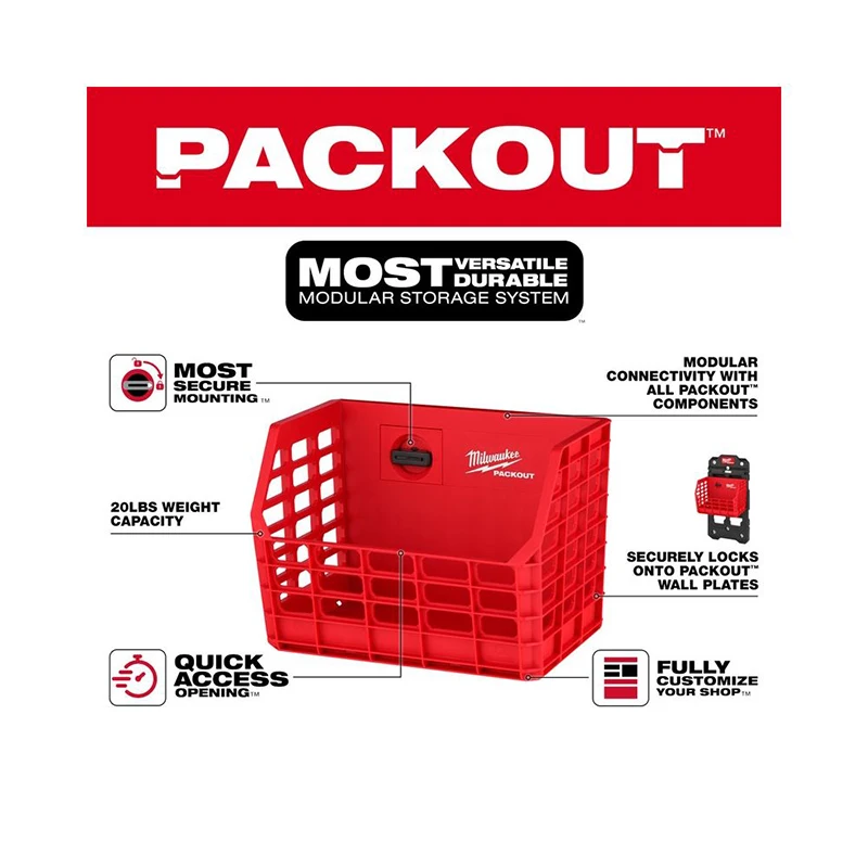 Milwaukee 48-22-8342 PACKOUT™ Compact Wall Basket Load Bearing 20 Pounds Deposit Drill Bit Box Glove Spare Parts