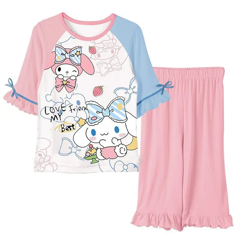 

Kawaii Kuromi My Melody Cinnamoroll Girls Thin Cropped Pants Pajamas Set Summer Anime Sanrio Girl's Heart Cute Home Clothing Set