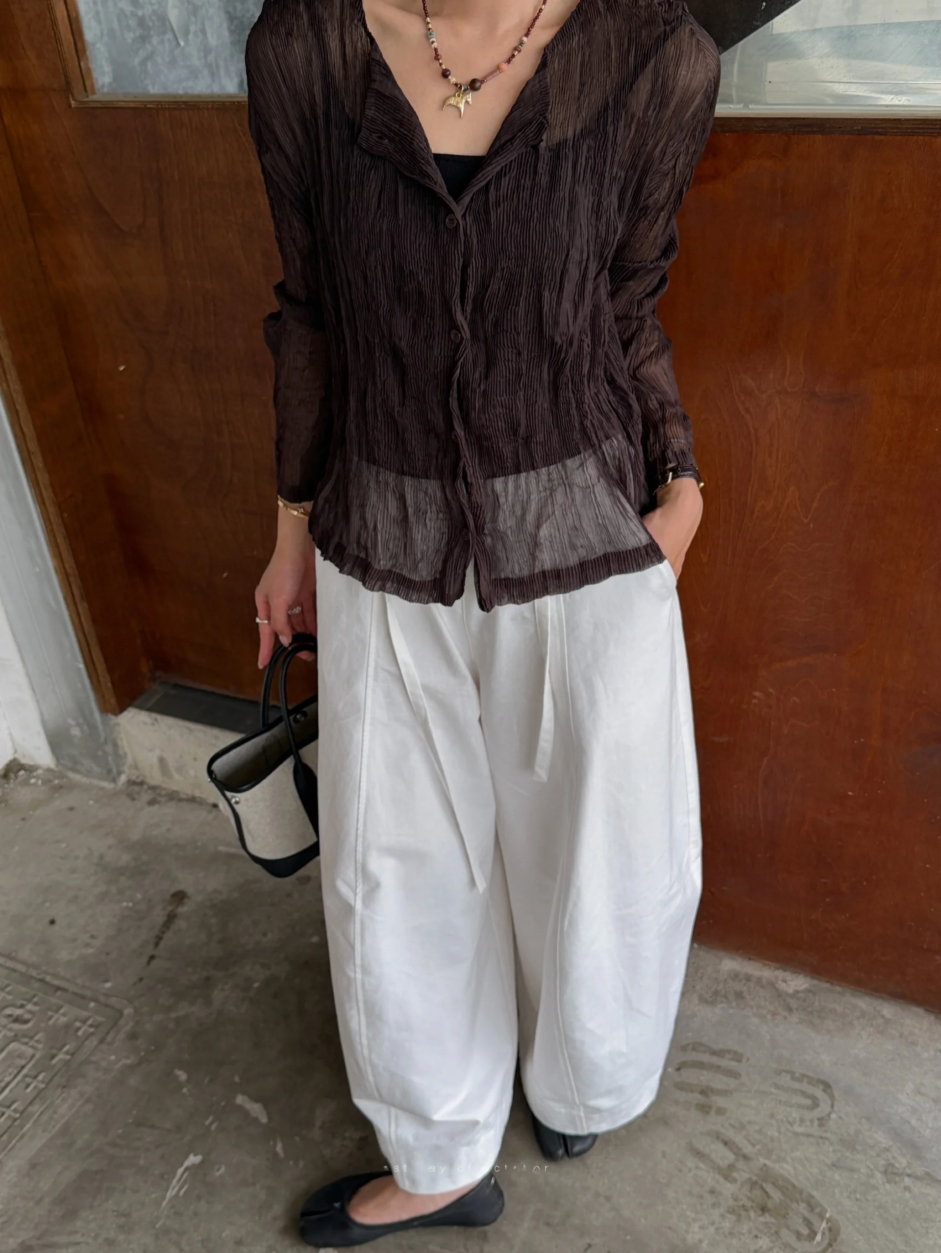 

LDOO SHOP New Color Japanese Style Willow Branch Pleated Lightweight High Elasticity Long Sleeve Short Cardigan Layering Base