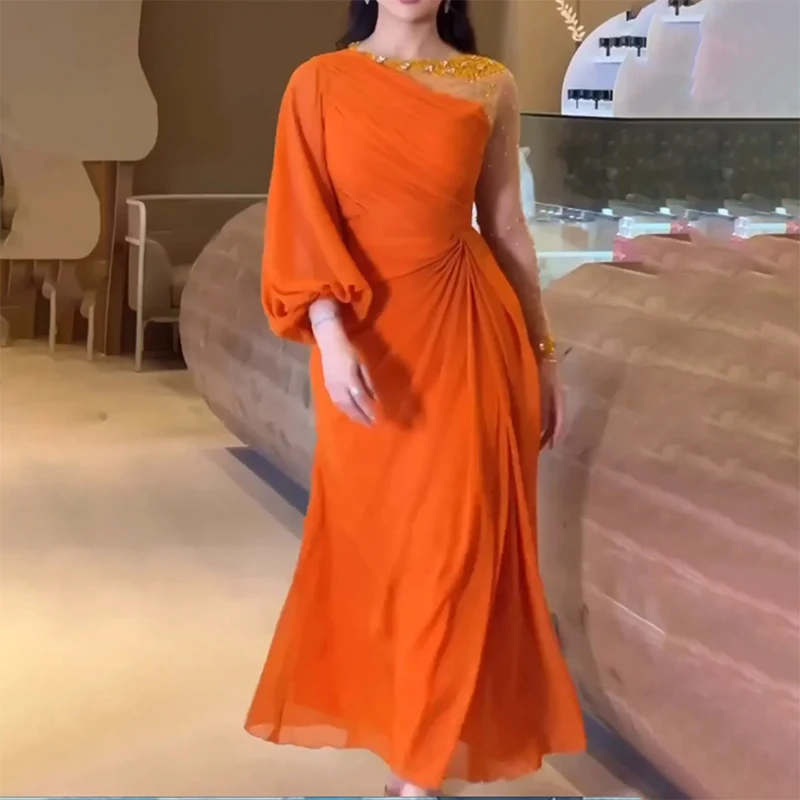 

Fashion Orange Round Neck Formal Evening Dresses Lace Beaded Prom Dresses Customized فساتين سهرة