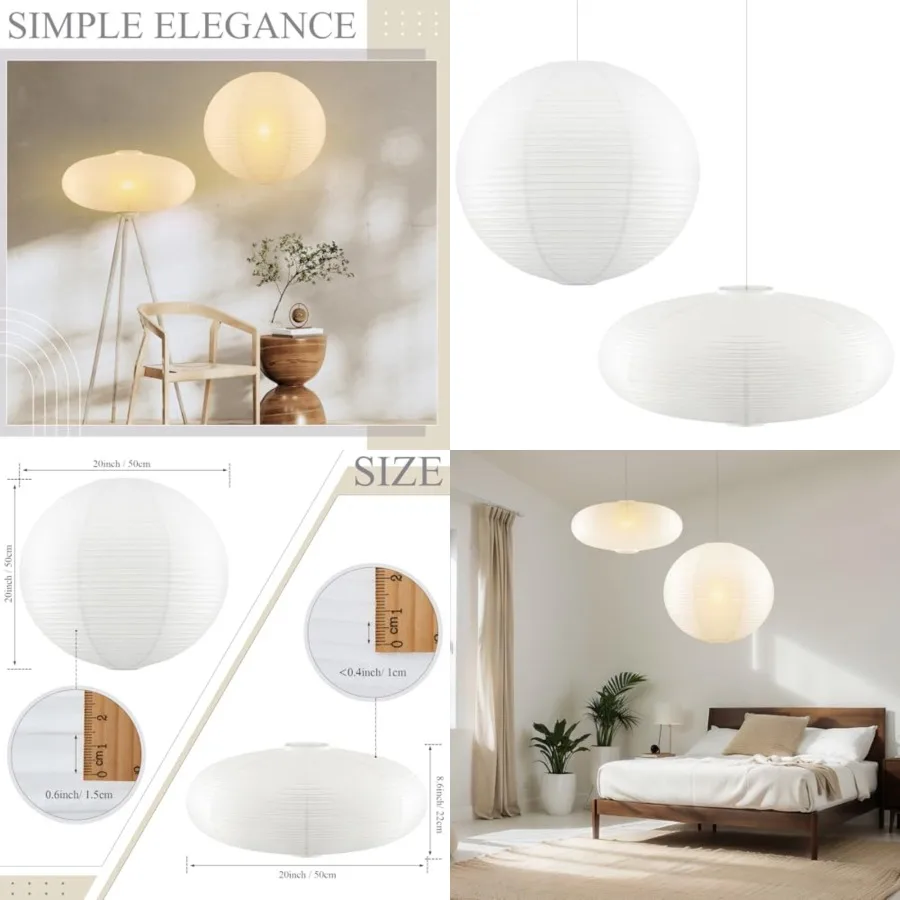 

2 Pcs Chinese Paper Lanterns 20 Inch White Lampshade, Large Round and Oblate Pendant Lamp Shade, Rice Paper Lampshade Ceiling F