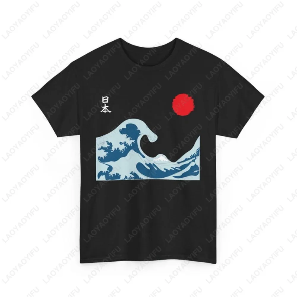 

Футболка Great Wave Off Kanagawa с красным солнцем, японская футболка Ukiyo-e Art, классическая женская футболка с эстетической графикой Japan Wave