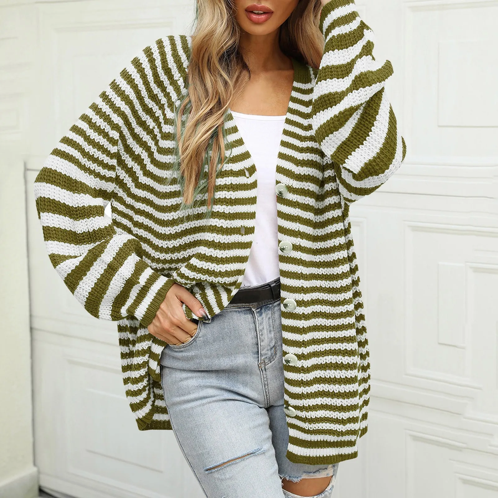 Women Cardigan Single Breasted Casual Fashion Loose Large Size Striped Cardigan Knit Coat For Women Front Slit Cover Ups Sweater