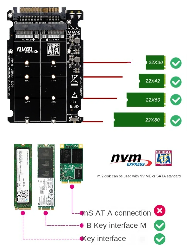 M.2 ssd para u.2 adaptador 2in1 m.2 nvme sata-bus ngff ssd para pci-e u.2 SFF-8639 placa de expansão pcie 3.0 x4 m2 sata 6gbps conversor
