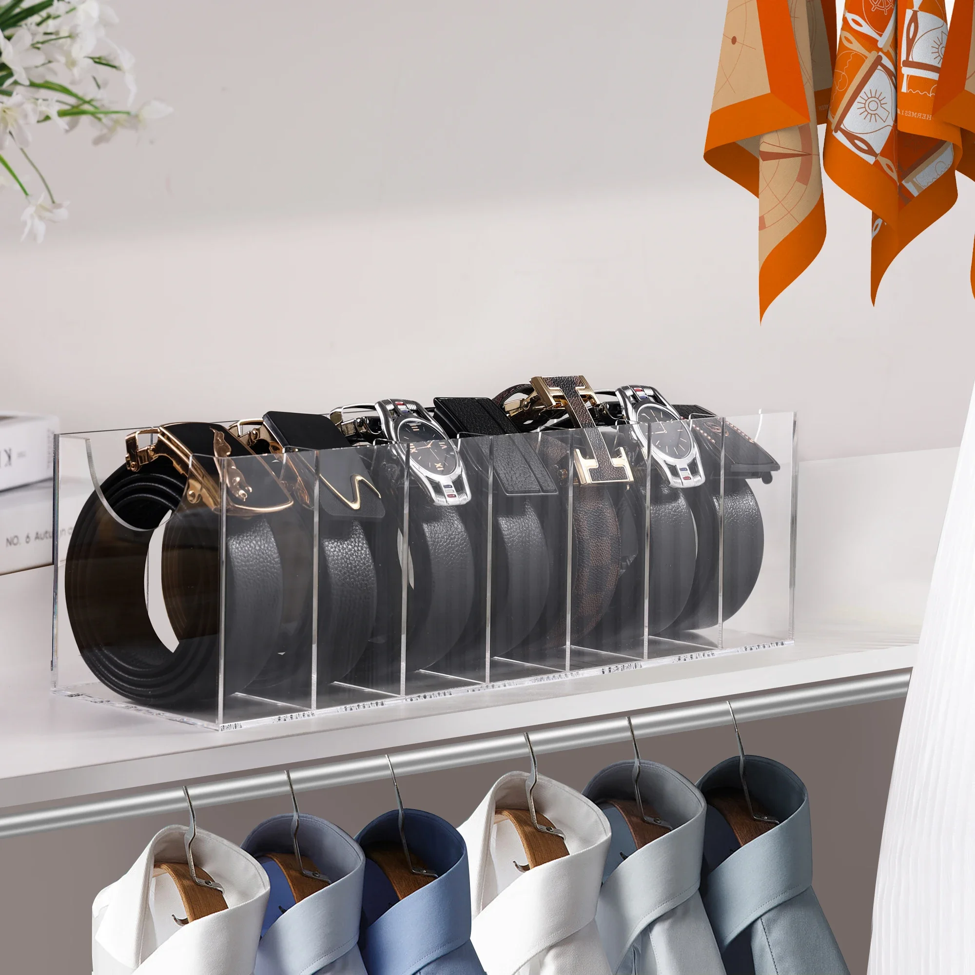 

Home Storage Box Acrylic Belt Organizer Case Storage Holder for The Closet 7 Compartments Display Case for Tie Bow Tie Jewelry