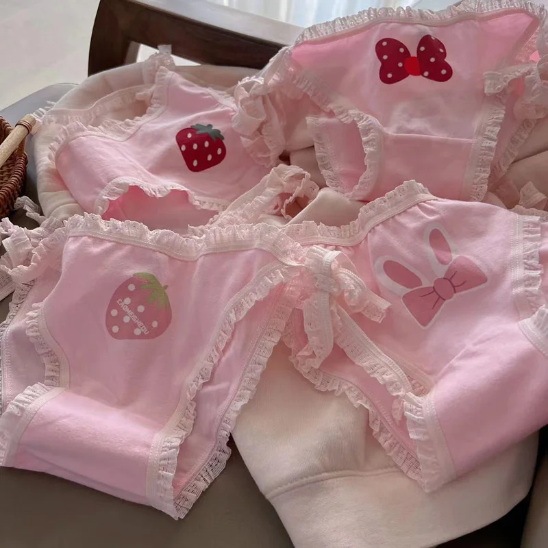 SP&CITY Sweet Girl Student Pink Cute Lace Underpants For Women Low Waist Ruffle Cartoon Lace Up Cotton Panties Seamless Briefs