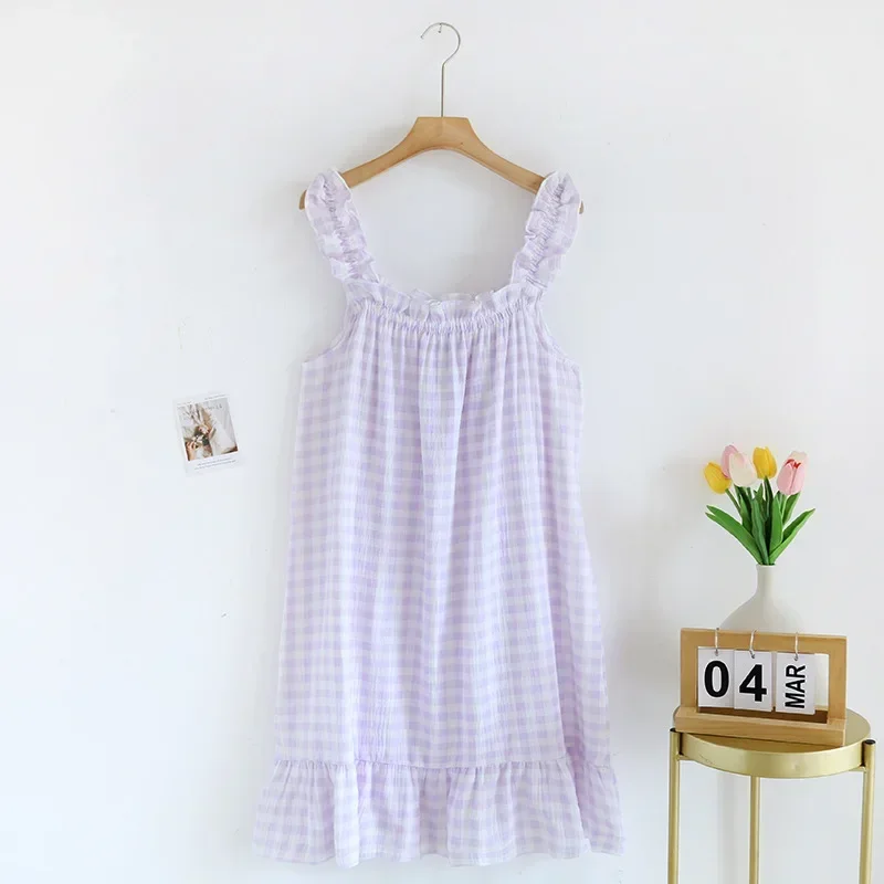 Ladies Summer Cotton Yarn Pure Cotton Thin Suspender Nightdress Loose Mid-length Sweet and Lovely Long Home Dress Camisola Sexy