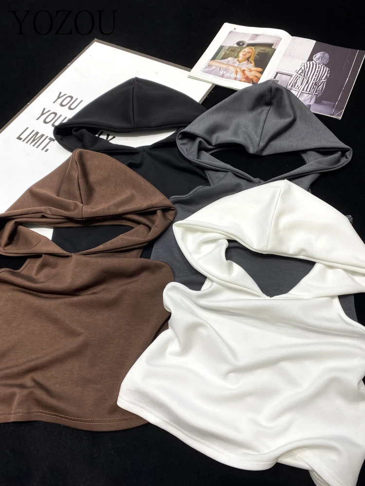 [YOZOU] Solid Hooded Backless Crop canotta senza maniche t-shirt donna bianco nero grigio marrone Rave outfit stile coreano