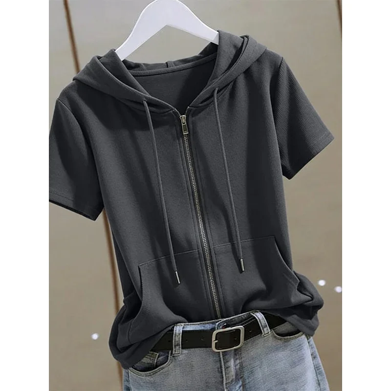 Women Summer Zip‑Up Short Sleeve Hoodie, Cotton Plus Size Loose Breathable Casual Cardigan Outerwear