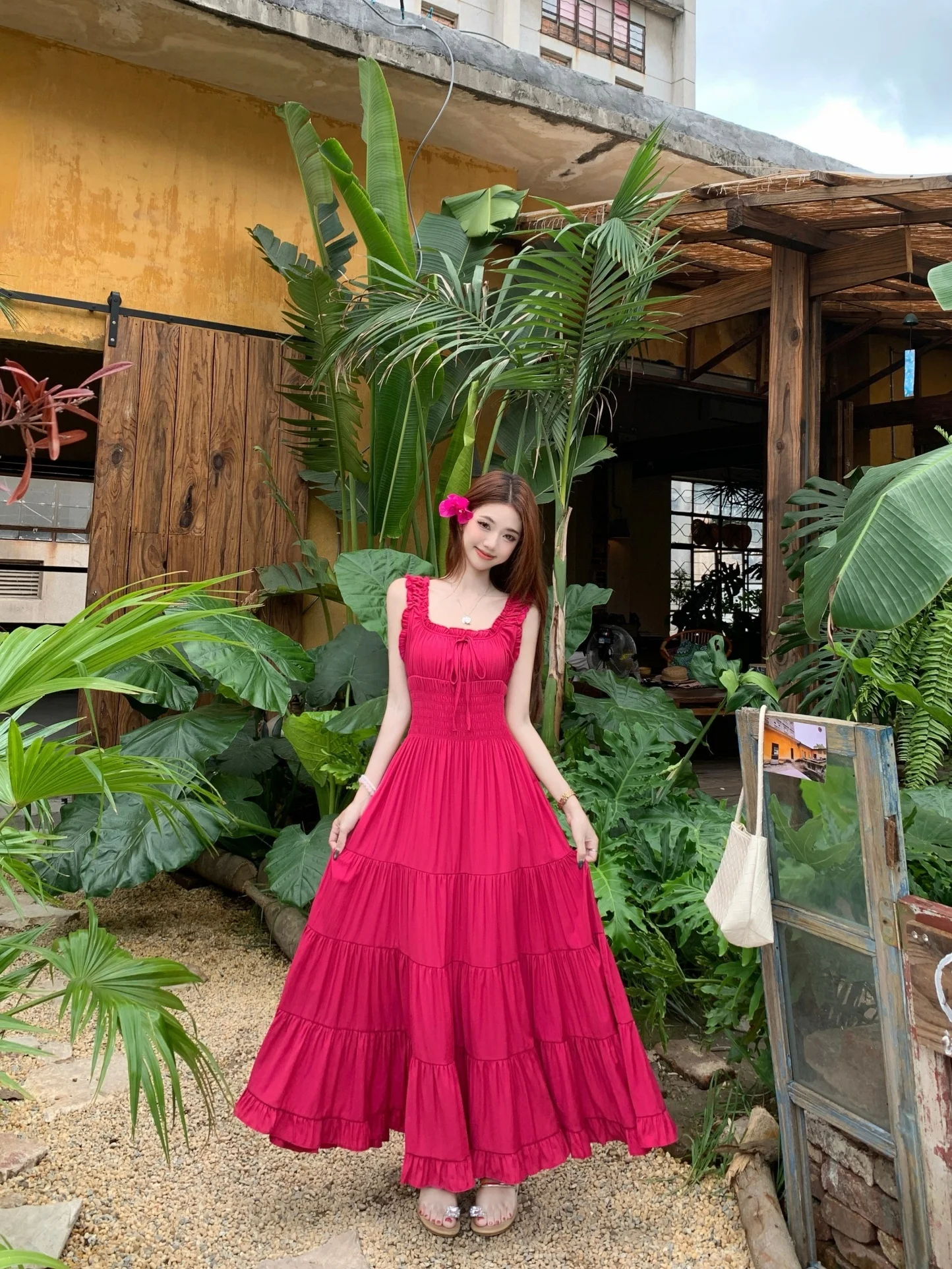 

Summer Vacation Style Pleated Waist Cinched Strap Dress Women's Drapey Anti-Aging Versatile Long Skirt A-Line Dress