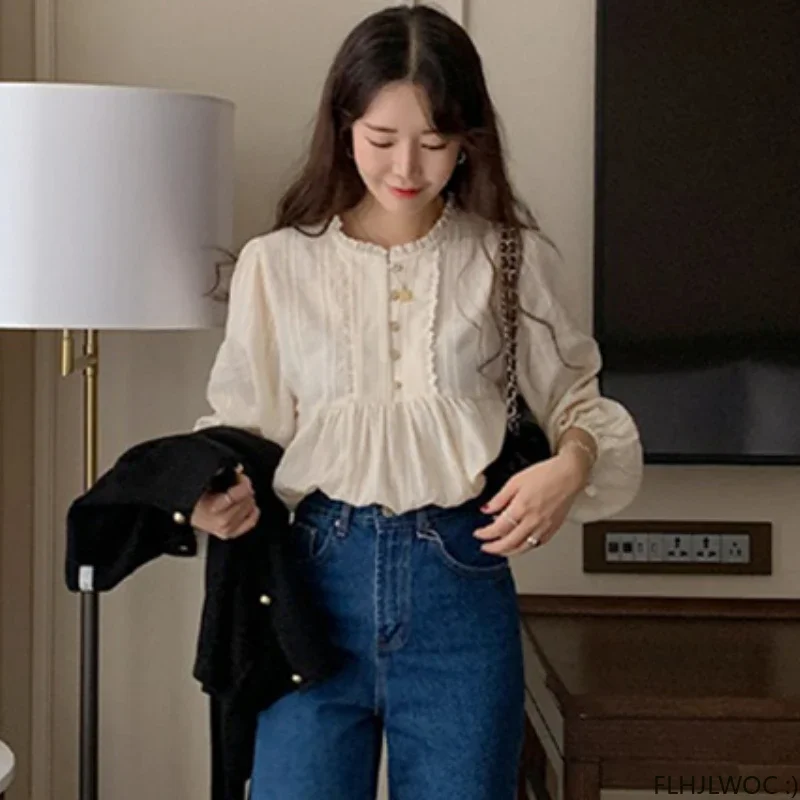 Mori Girl South Korea Cute Sweet Tops Women Preppy Style Date Japan Girls Vintage Cotton Blends Hollow Out Lace Shirts Blouses