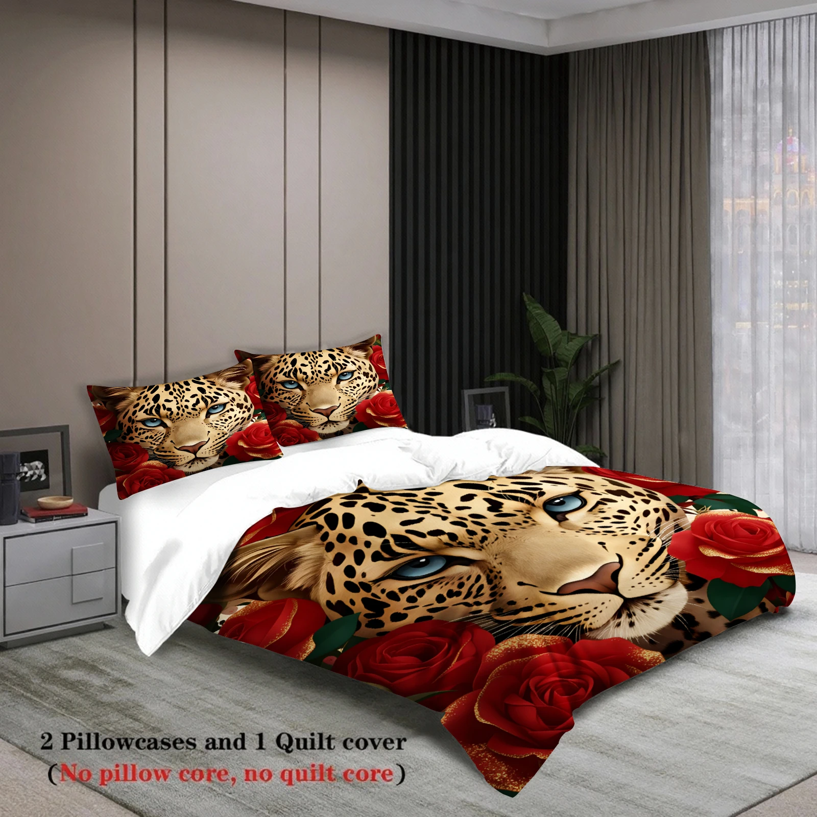 Leopard Print Bedding Set Red Roses And Leopard Face Design Duvet Cover Pillowcases Fade-Resistant For Bedroom Decor