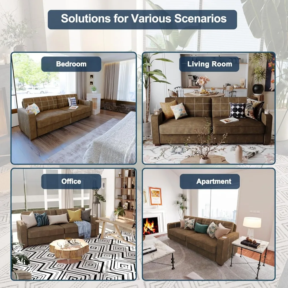 أريكة من الجلد الصناعي البني مقاس 80 بوصة - مساند للذراعين واسعة مع حاملين أكواب مدمجين، ومقاعد عميقة، وخياطة متباينة، كبيرة الحجم