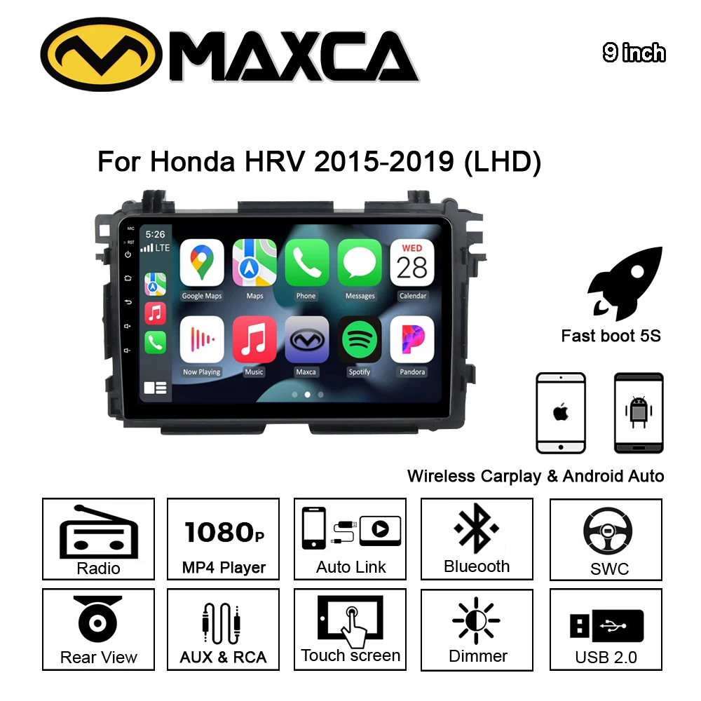 MAXCA 9-calowy odtwarzacz multimedialny Honda HRV Wireless Carplay Android auto 2 din Radio Mirror Link