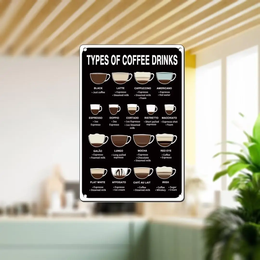 Types Of Coffee Sign Coffee Knowledge Metal Tin Sign Drinks Retro Poster Cafe Vintage Coffee Signs for Coffee Bar Living