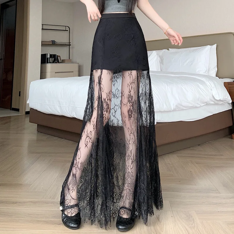 French Lace Patchwork Half Skirt For Women New High Waisted Long Yarn Skirt Elegant Temperament Transparent Lace Long Skirt
