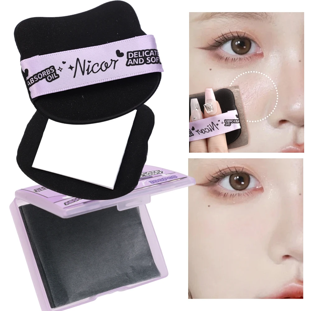 100PC Bamboo Blotting Papers with Mirror&Makeup Puff Refreshing Portables Oil Control Tool Kits Facial Oil Absorbing Sheets Care