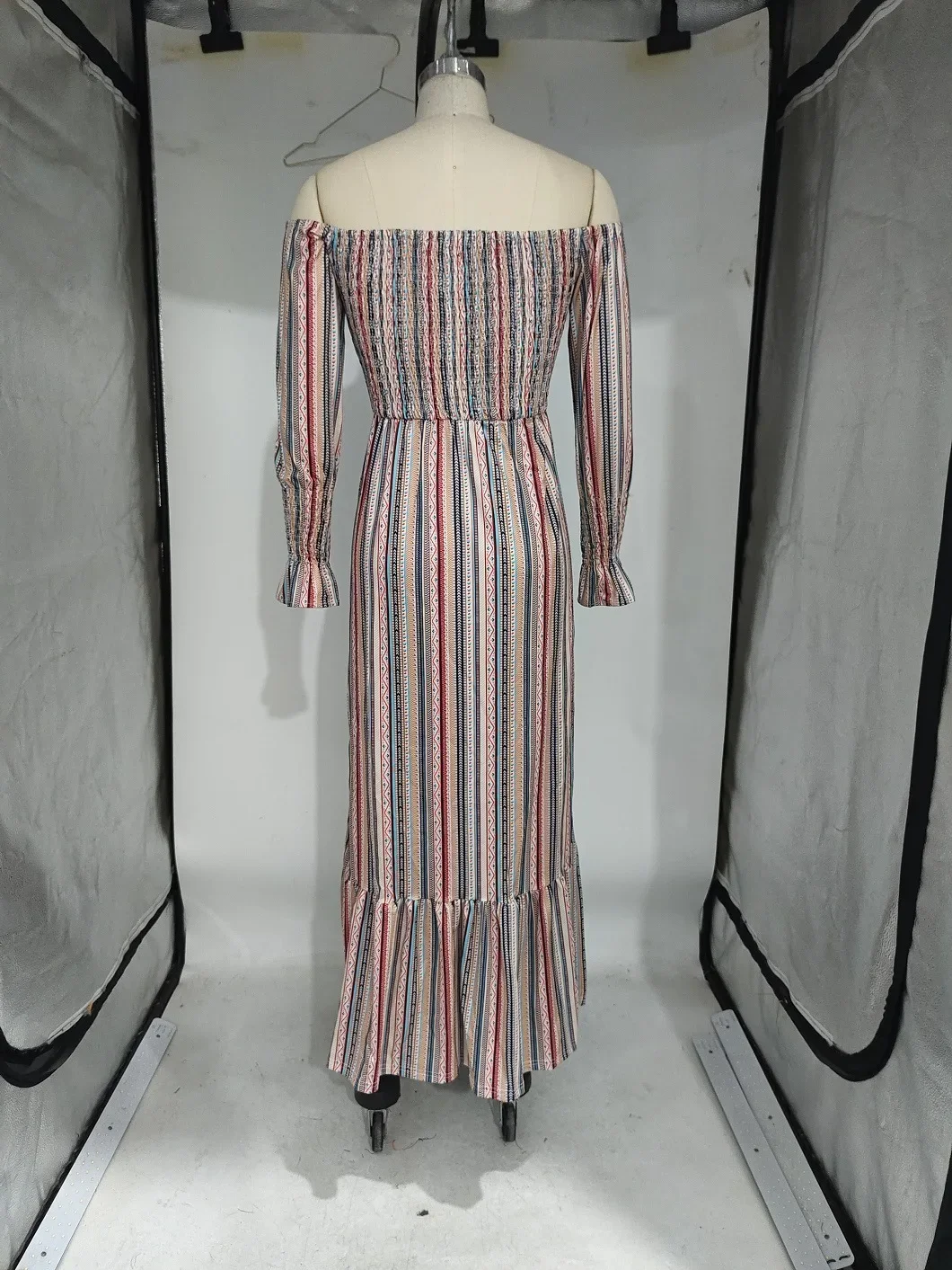 Women Striped Print Drawstring Full Sleeve Slash Neck Pleated Long Dress Fall Beach Party Prom Evening Dresses Vestidos