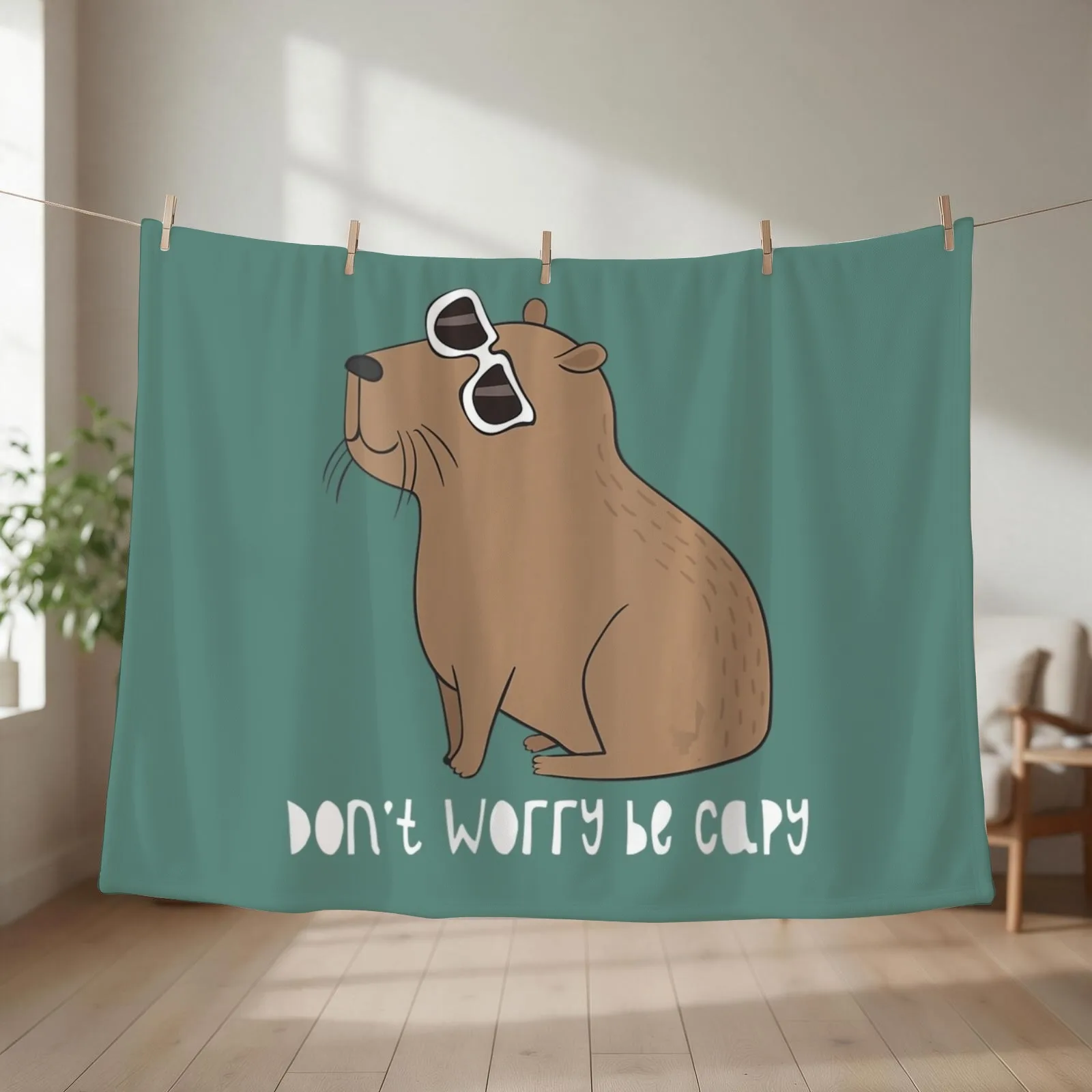 Womens Don't Worry, Be Capy Awesome Cute Capybara V-Neck Throw Blanket couch cozy soft plush fuzzy picnic outdoor blanket