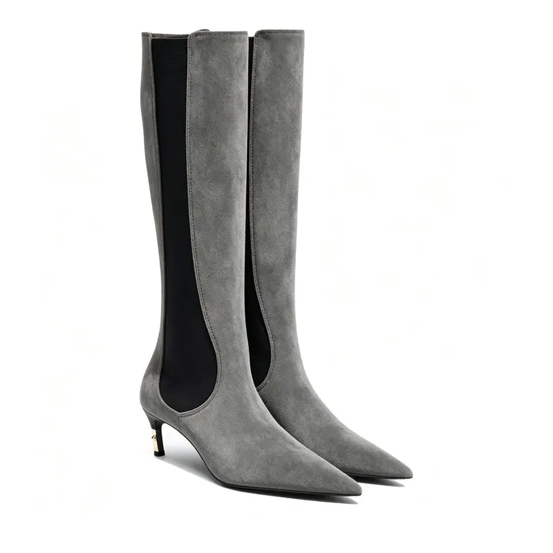 Women's New Knee High Boots with Pointed Kitten Heel and Stretch Fabric for Autumn and Winter Party Fashion, Mid Length Boots