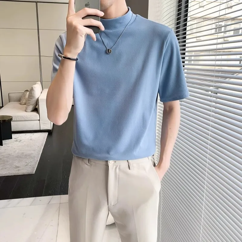 Summer Ice Silk Mock Neck Solid Slim Short Sleeve T-Shirt Men's British Business Casual Top