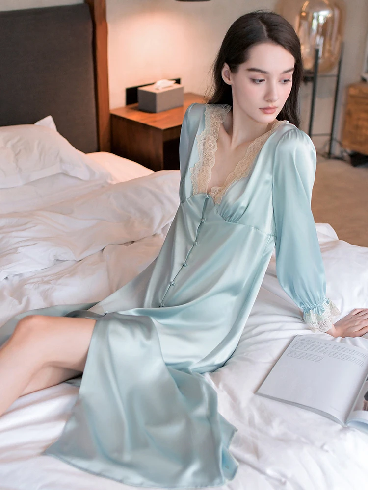 Women's Silk Nightgown 100% Real Mulberry Silk Sleepwear V-Neck Long Sleeve Long Nightdress Sexy Lace Decor Silk Night Dress