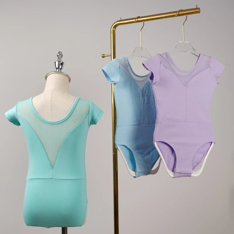 

Professional Ballet Leotard Short Sleeve Sheer Mesh V-Neck Dance Bodysuit Kids Gymnastics Leotard Ballet Dancewear