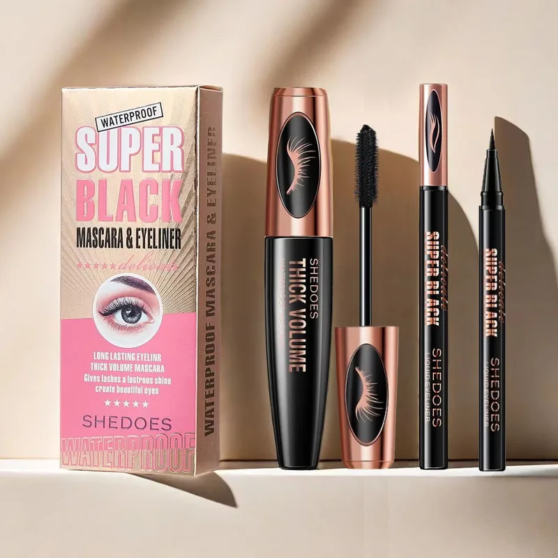 ชุดมาสคาร่าและอายไลเนอร์แบบน้ำ 4D กันน้ำ เครื่องสำอางสำหรับแต่งตา อายไลเนอร์หนา งอนงาม มาสคาร่า ดินสอเขียนคิ้ว แต่งหน้าตา