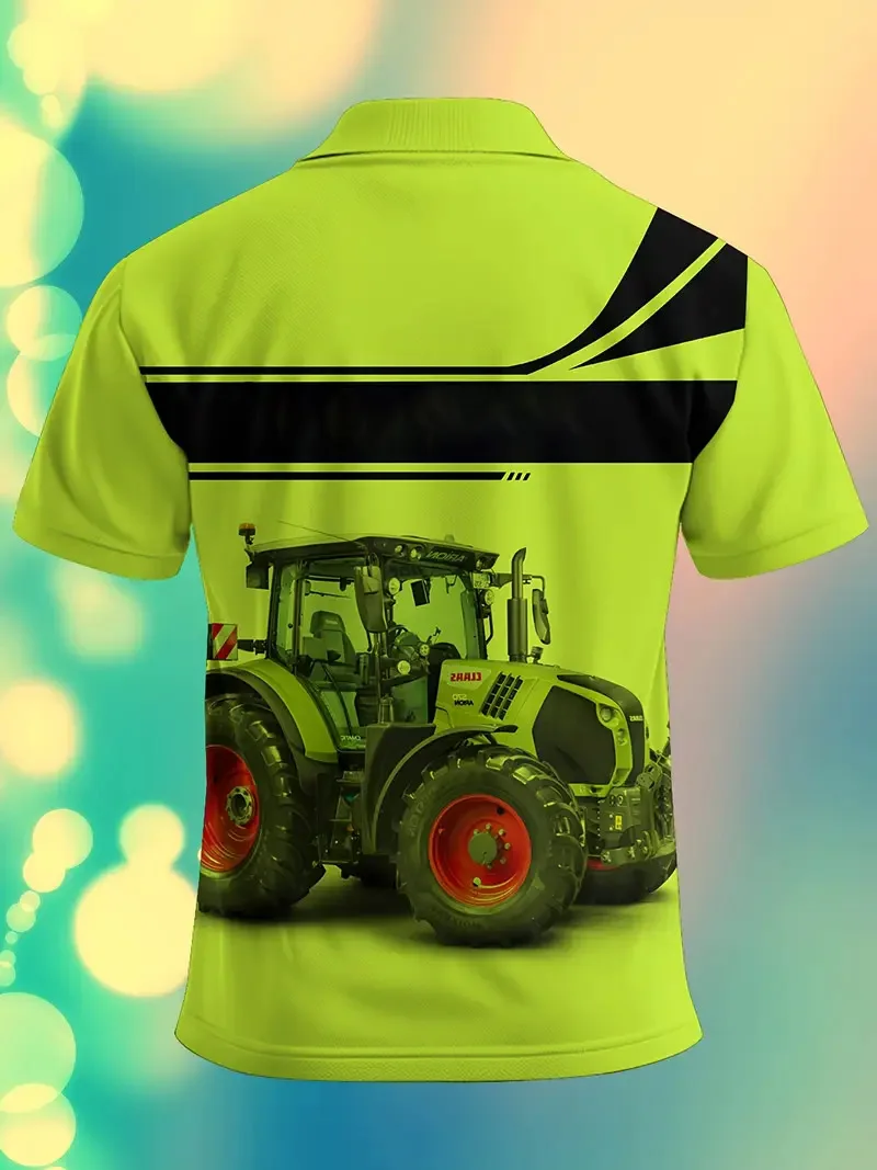 Men's Farm Tractor Pattern POLO Shirt - Tractor Theme Design, Suitable for Leisure Work Clothes of Tractors and Farm Activities
