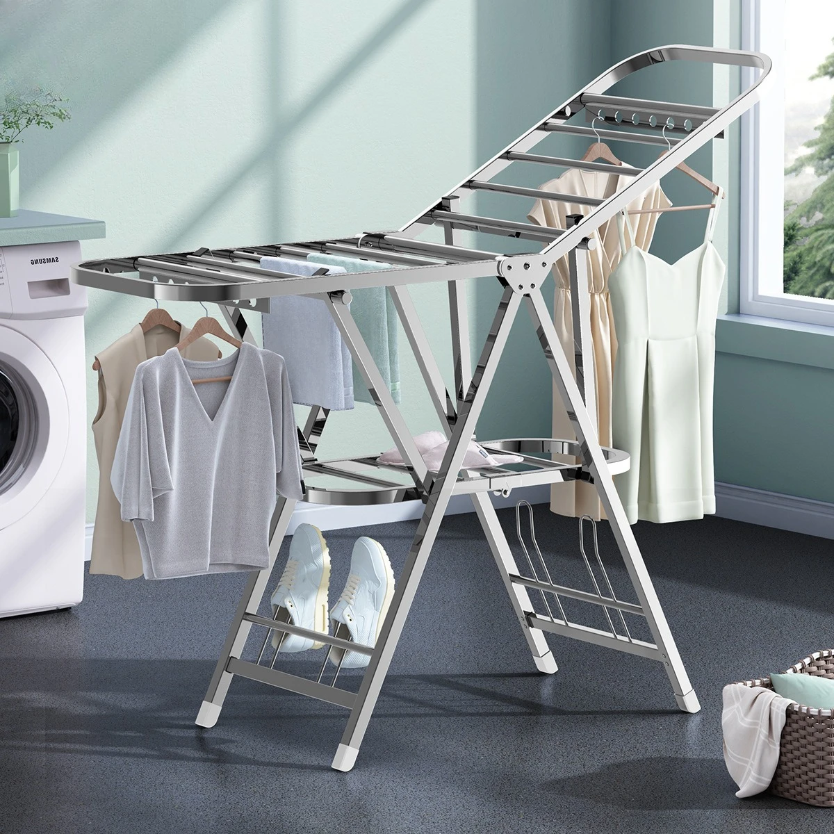 Floor-to-ceiling drying rack folding bedroom balcony drying quilt folding hanging household quilt drying stainless steel wing ha