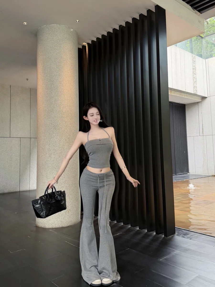 

Sexy Trendy Girl Set Grey Short Neck Hanging Tube Top Women Summer Elegance Flared Casual Pants Two Piece Set Fashion Ensemble